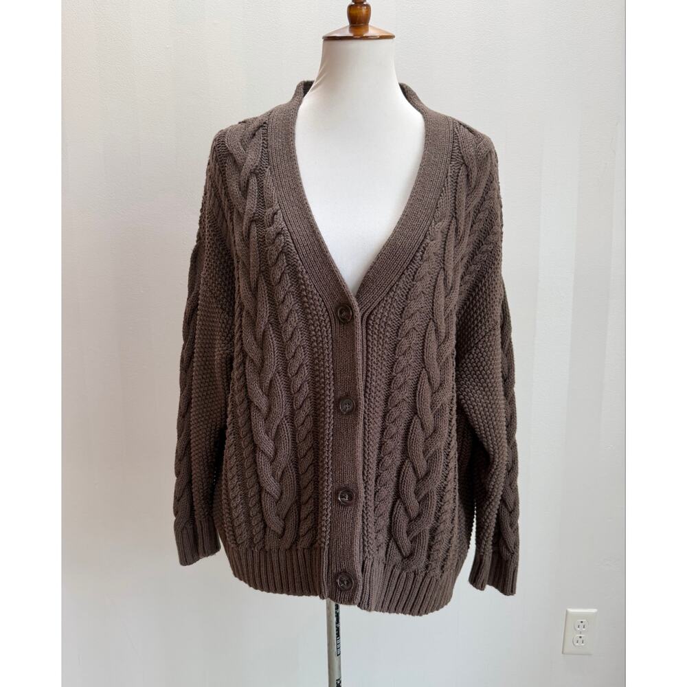 QUINCE Oversized Cable Knit Cottagecore Cardigan Sweater Brown Sz S